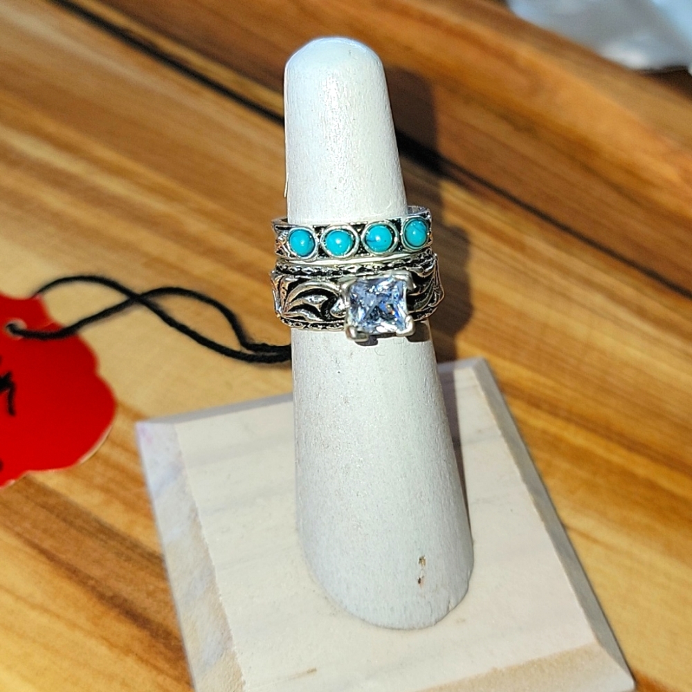 NWT Turquoise 2pc Dutton Ring Scrolled Western Bridal Set Princess Cut C…